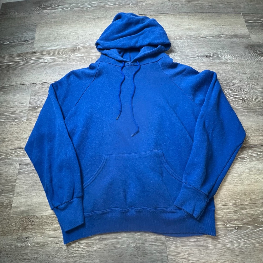 Vintage Hoodie Mens‎ Large Blue 70s Raglan Sleeve Blank Pullover Sweatshirt